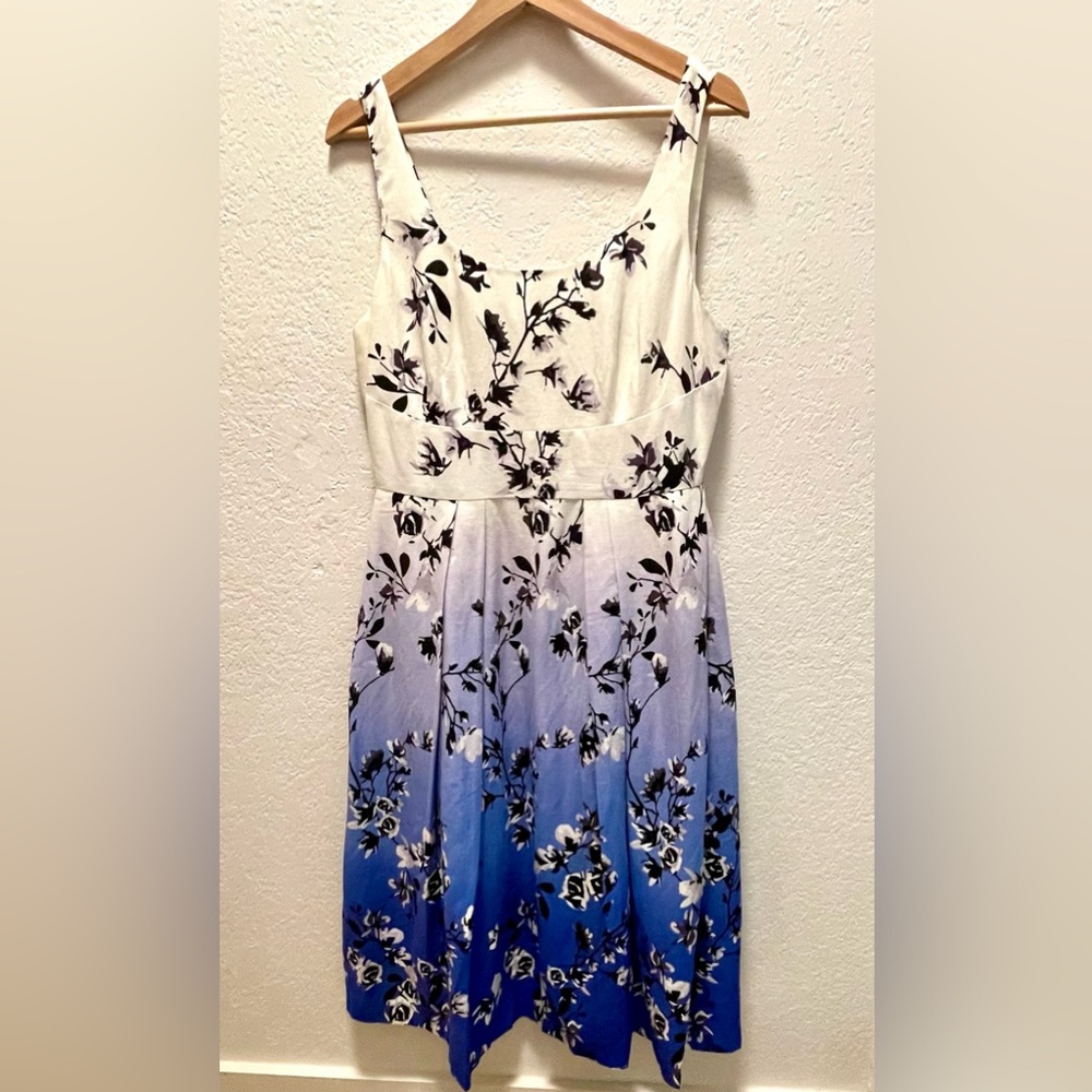 Ombre Floral Sleeveless Linen Midi Summer Dress with Pockets Size 6